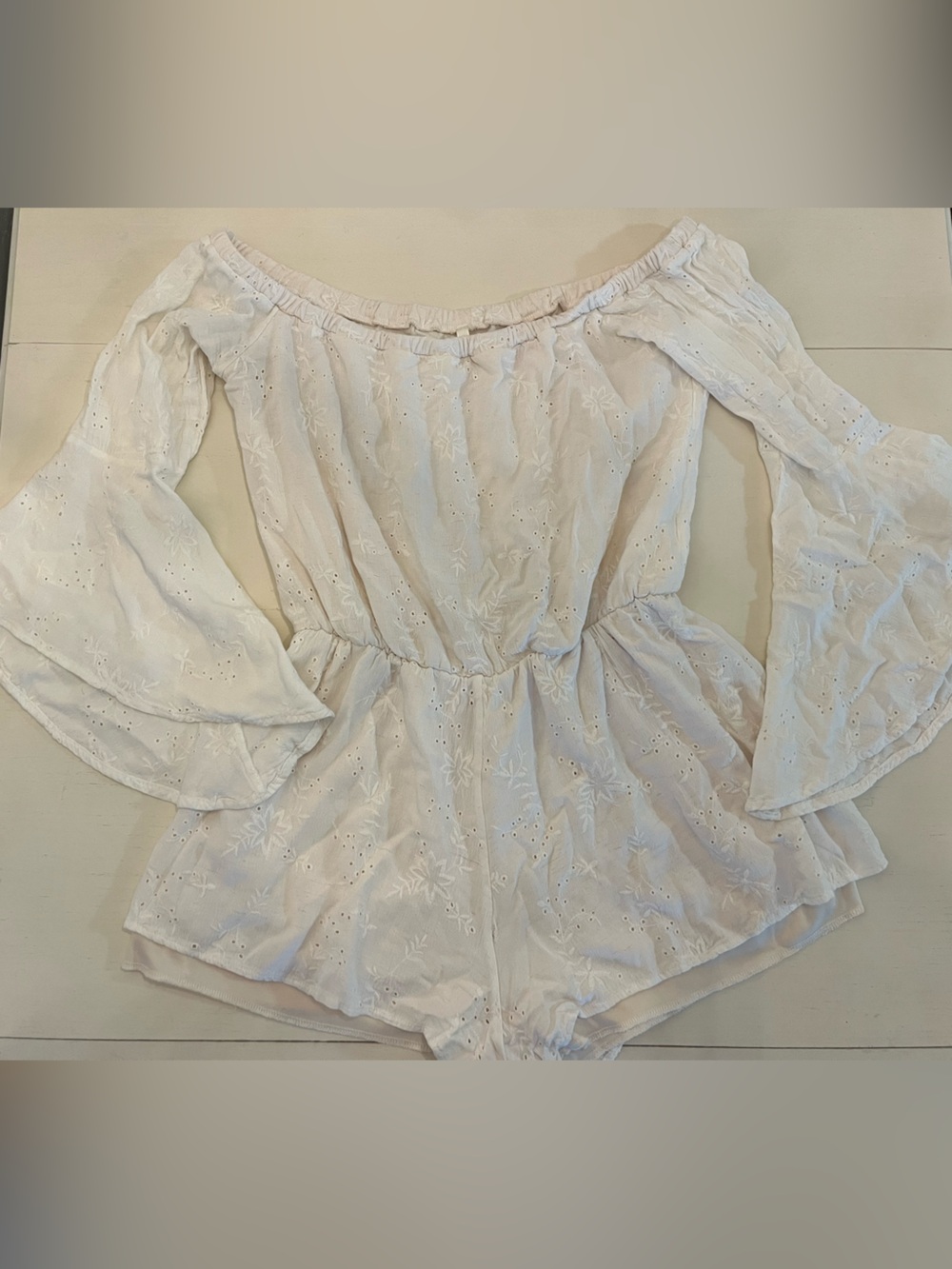 Sage White Eyelet Off-Shoulder Romper